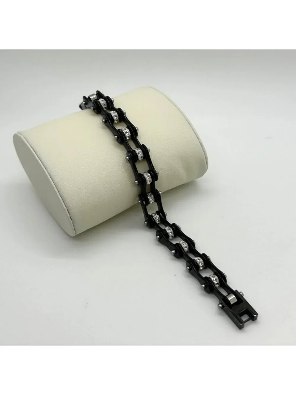 Black Stainless Steel Motorcycle Bike Chain Bracelet With Rhinestone Studs - Picture 1 of 11